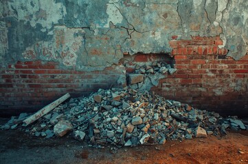 Pile of construction debris and broken concrete in a worksite. Industrial theme with damaged wall covering and flaking paint.