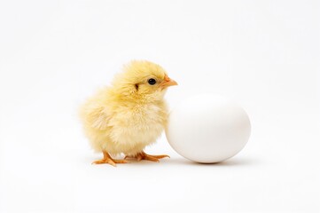 Fototapeta premium Tiny yellow chick on a plain white backdrop