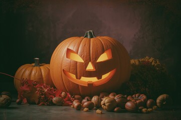 Fototapeta premium Eerie setting featuring a carved pumpkin