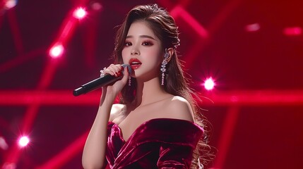 A woman singing on stage with a microphone