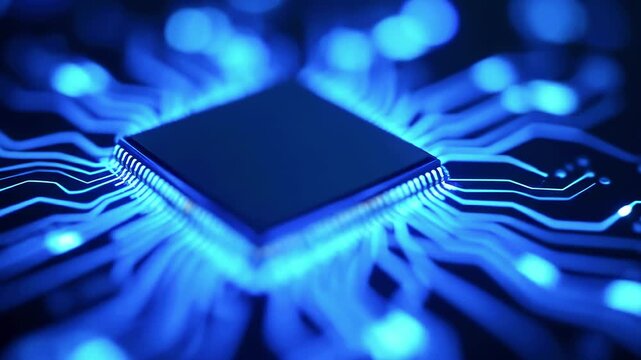 A glowing blue central processing unit with circuit board details in a close-up image