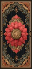 A black and gold carpet with a red flower in the center