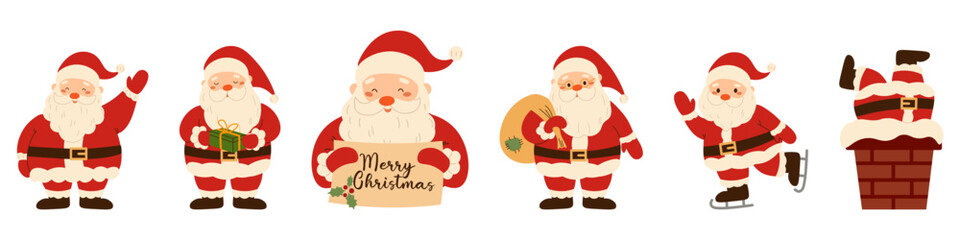 Cute flat style illustration set of Santa Claus in various poses: waving, ice skating, carrying gifts, holding a present, holding a Merry Christmas sign, and stuck in a chimney perfect for holiday