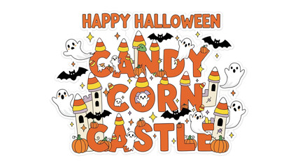Candy Corn Castle: A whimsical Halloween scene showcasing candy corn towers, playful ghosts, and joyful bats, creating a festive and sweet spectacle for the holiday.