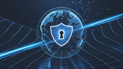 Global Cybersecurity Shield Protecting Data and Privacy with a Futuristic Digital Earth Design on Dark Backdrop