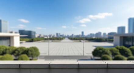 A modern urban skyline with a clear blue sky and a concrete ledge in the foreground.