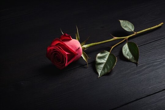 Rote Rose auf dunklem Holz, Symbol f&uuml;r Liebe und Verg&auml;nglichkeit