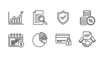 Set of eight hand drawn business finance and data icons for financial growth and security vector