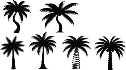 Palm tree silhouettes, tropical plant vector, exotic foliage design, decorative nature icons, black botanical illustration, beach landscape elements, summer jungle artwork