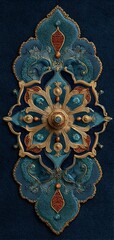 A blue and gold design with a red center