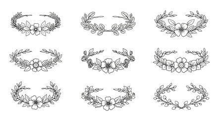 Collection of nine hand-drawn laurel wreaths and floral borders for elegant design projects vector