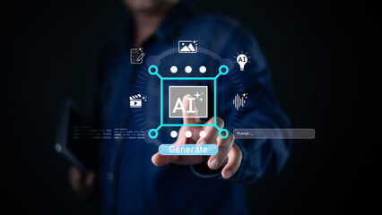 A person interacts with a digital interface displaying an AI generation system, highlighting innovation in artificial intelligence, creative automation, and prompt based content creation technology.