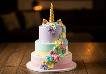 A magical threetiered unicorn cake decorated with pastel frosting swirls and a golden horn, ideal for fantasythemed celebrations
