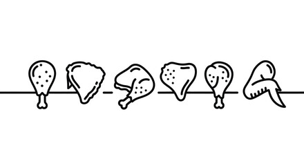 Artistic hand drawn line art collection of various chicken cuts for culinary designs vector