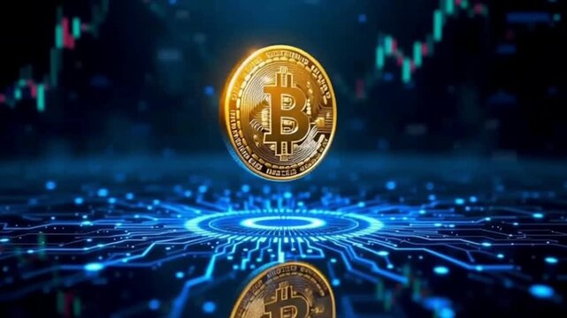 Abstract golden bitcoin spinning in mid-air above glowing neon blue circle connected with circuit board surface against growing graph on dark background