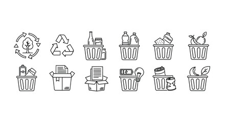 Hand drawn recycling icons representing waste sorting and environmental protection concepts vector