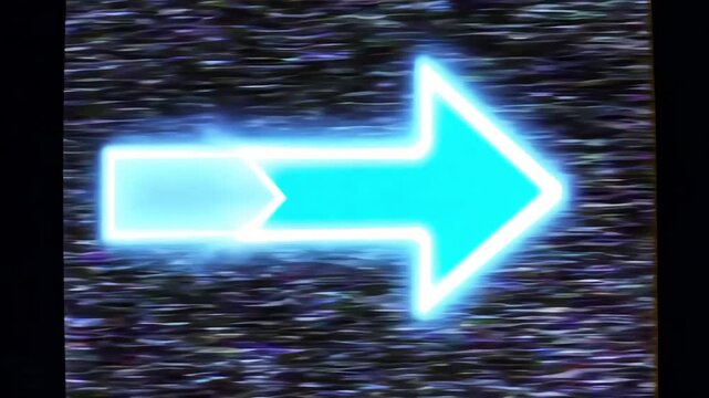 Minimal retro bold hand-drawn arrow infinitely. VHS static texture overlays scene, analog tape distortions glitch lines, fuzzy flickering. Bad signal look, nostalgic 1990s video cassette recorder 4k
