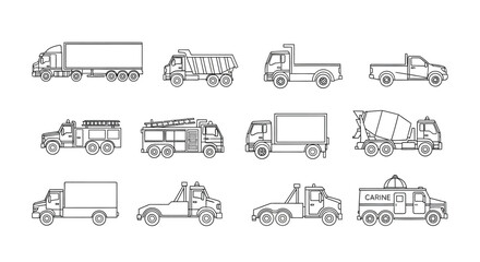 Collection of various truck types hand drawn sketch style transport vehicles for logistics and delivery vector