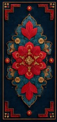 A blue and red piece of art with gold accents