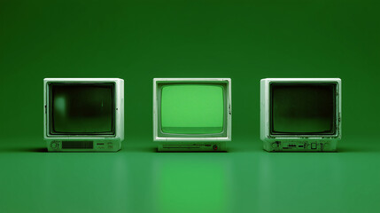
Three Vintage CRT Monitors on Green Background — Retro Technology Mockup with Central Green Screen