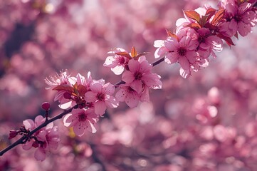 Fototapeta premium Blooming purple leaf plum flowers in early spring on tree branches