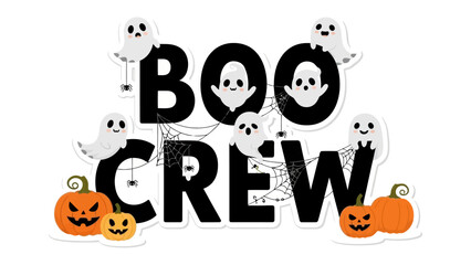 Halloween's Spooktacular Boo Crew: A charming ensemble of playful ghosts and grinning pumpkins congregates to spell out a spirited Boo Crew message, radiating the joyous energy of Halloween.