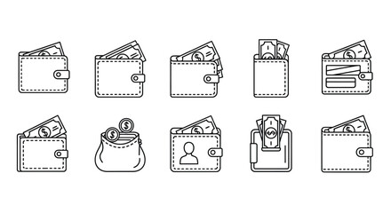 Set of hand drawn wallet icons featuring money cash and coins for financial and business concepts vector