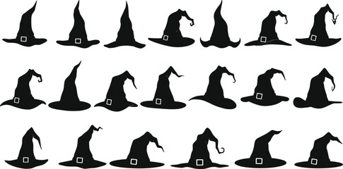 Collection of witch hat silhouettes vector set, Halloween costume accessory icons, spooky wizard hats illustration for decoration, magic, party, and holiday design