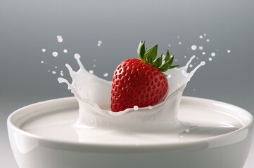 Red berry diving into creamy white liquid splash