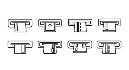 Set of atm card insertion and retrieval icons for financial transactions and technology concepts vector