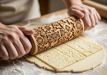 Hands using a patterned rolling pin to imprint a design onto cookie dough on a wooden board dusted with flour