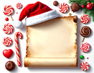 Christmas Scroll with Santa Hat and Sweet Candies