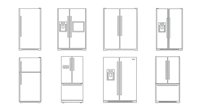 Collection of various refrigerator line art styles for kitchen and appliance design vector
