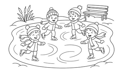 Children ice skating in winter scene with hats and scarves