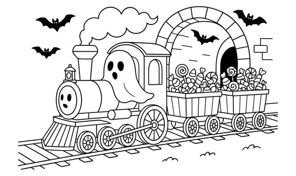 Halloween ghost train with candy cargo in black and white cartoon style