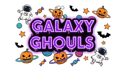 Obraz premium Spooky Galaxy Ghoul's: A vivid illustration featuring the words 'Galaxy Ghoul' with Halloween decorations, perfectly capturing the spirit of fun and spookiness. 