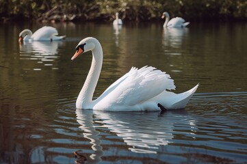 Swan gliding over the lake surface