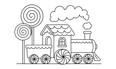 Naklejka premium Whimsical train and trees in simple candyland outline style