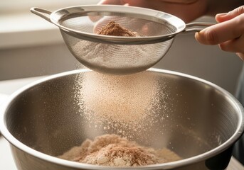 Closeup of hands sifting flour and spices through a sieve into a metal bowl during baking preparation