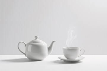 Fototapeta premium White teacup and teapot set against a bright white backdrop