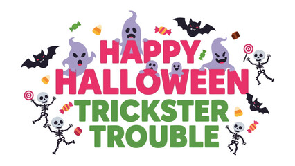 Happy Halloween: Spooky specters and grinning skeletons frolic amidst a vibrant arrangement of holiday treats and ominous bats, all framed by the spirited phrase Happy Halloween.