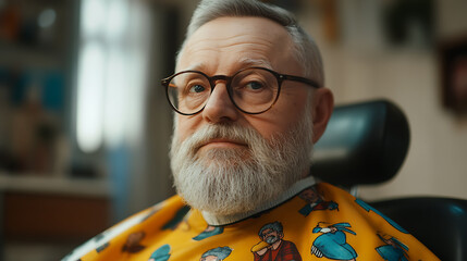 Older man in barber chair, ready for a haircut. He wears glasses and a yellow cape with cartoon drawings. He looks calm and composed.