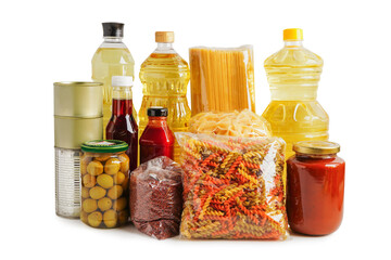 Foodstuffs in donation box isolated on white background with clipping path for volunteer to help people.