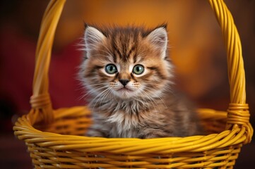 Tiny adorable kitten resting in a bright basket