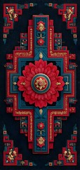 A red and blue design with gold accents