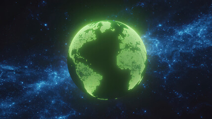Obraz premium Luminous Green Earth Globe Against a Starry Cosmic Backdrop Symbolizing Global Awareness and Environmental Consciousness
