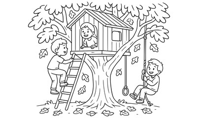 Obraz premium Kids playing in treehouse with swing and ladder in black and white illustration