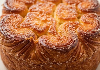 Golden brown baked bread with a swirled pattern and sprinkled with sugar crystals, closeup view
