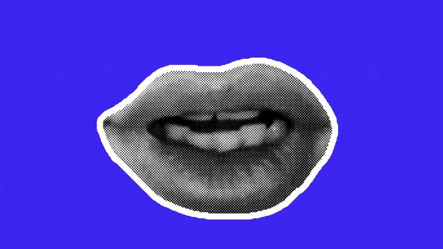 Retro collage animation showcasing female lips crafted from newspaper clippings with a halftone effect on a vibrant blue background.