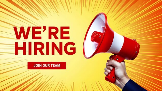 We're hiring megaphone announcement with bold yellow burst background, high-contrast recruitment banner and join our team call-to-action, ideal job ad for corporate hiring and hiring campaigns